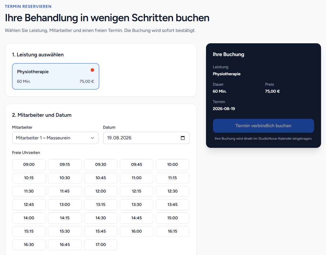 Öffentliche StudioNova Online-Buchung